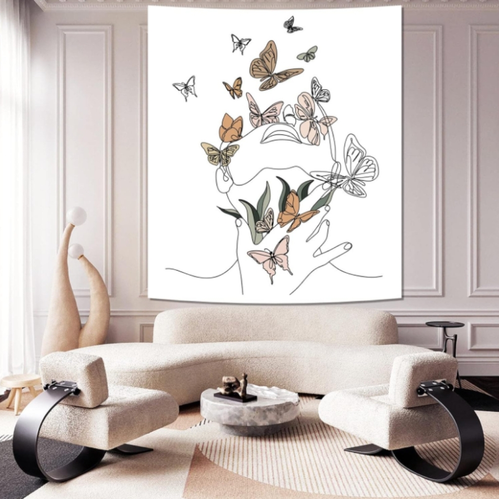 Line Art White Floral Wall Butterfly Tapestry Woman Abstract Face Butterflies